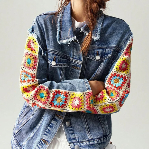 Boho Women's Floral Print Drop Shoulder Long Sleeve Woven denim Jacket Blue - Picture 8 of 8